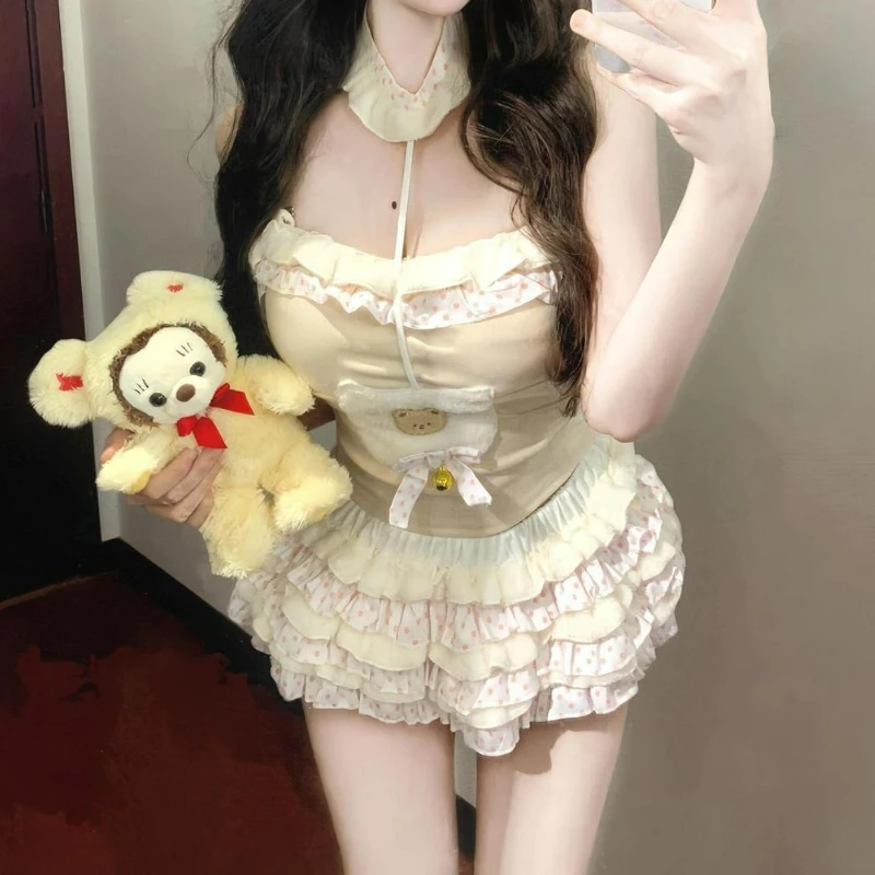 Sweet Lolita Style Skirt Set Women Japanese Kawaii Bow Halter Neck Vest Cute Mini Cake Skirts Suit Female Korean Y2k 2 Piece Set
Sweet Lolita Style Skirt Set Women Japanese Kawaii Bow Halter Neck Vest Cute Mini Cake Skirts Suit Female Korean Y2k 2 Piece Set
