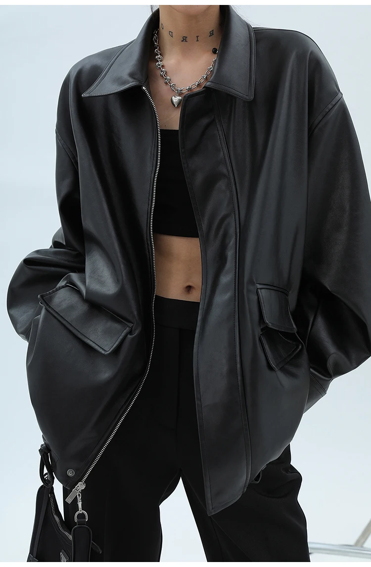 Spring Autumn Oversized Casual Waterproof Black Soft Pu Leather Jacket Women with Drop Shoulder Long Sleeve Fashion 2024
Spring Autumn Oversized Casual Waterproof Black Soft Pu Leather Jacket Women with Drop Shoulder Long Sleeve Fashion 2024