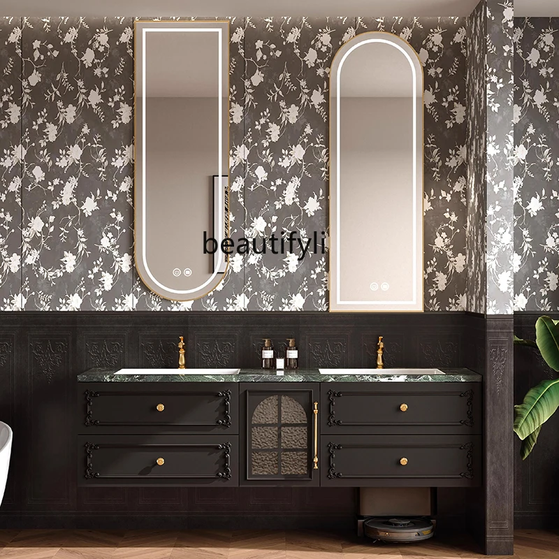 French light luxury oak bathroom cabinet combination bathroom rock slab seamless integrated basin washstand
French light luxury oak bathroom cabinet combination bathroom rock slab seamless integrated basin washstand