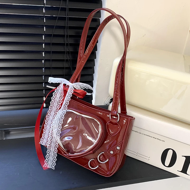Japanese Lace Transparent Heart-shaped Bag Cool Girls Shoulder Bag Glossy PU Red Crossbody Bag Fashion Commuting Underarm Bag
Japanese Lace Transparent Heart-shaped Bag Cool Girls Shoulder Bag Glossy PU Red Crossbody Bag Fashion Commuting Underarm Bag