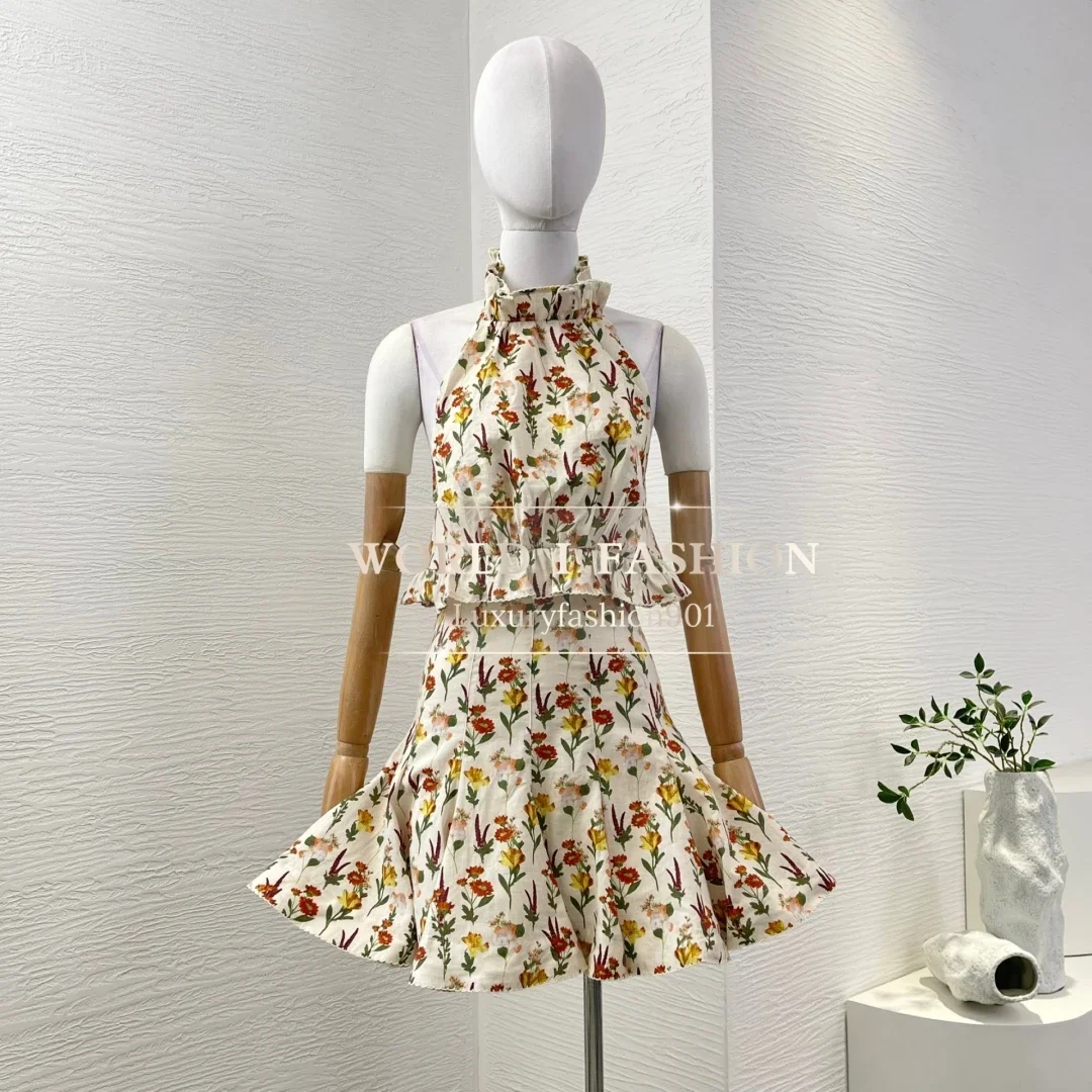 2025 SS High Quality Pure Linen Tops and Skirt Set Beige Ruffles Floral Print At Neck Sleeveless Halter Women Suit for Holiday
2025 SS High Quality Pure Linen Tops and Skirt Set Beige Ruffles Floral Print At Neck Sleeveless Halter Women Suit for Holiday