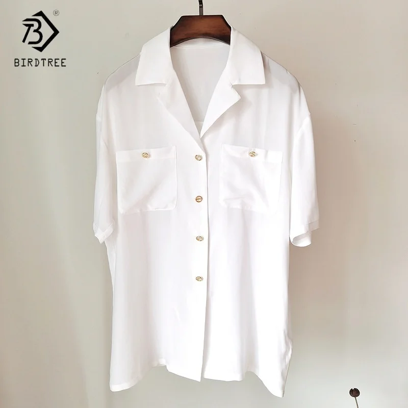 Birdtree,100% Silk Retro Blouse,Women Lapel Short Sleeve Tops,Single Breasted,2025 New White Casual Shirt T5D211JF
Birdtree,100% Silk Retro Blouse,Women Lapel Short Sleeve Tops,Single Breasted,2025 New White Casual Shirt T5D211JF
