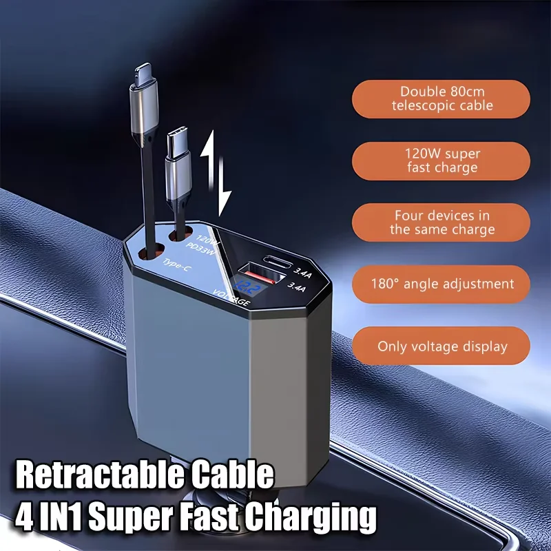 4in1 120W Car Fast Charger Retractable USB Type C Cable For IPhone Xiaomi Huawei Samsung Car Cigarette Lighter Adapter
4in1 120W Car Fast Charger Retractable USB Type C Cable For IPhone Xiaomi Huawei Samsung Car Cigarette Lighter Adapter