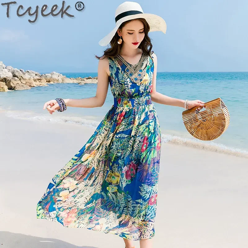 Tcyeek 100% mulberry real silk Summer long Dresses for Women 2023 New floral Bohemian Sleeveless Beach Holiday Dress Vestido Cjk
Tcyeek 100% mulberry real silk Summer long Dresses for Women 2023 New floral Bohemian Sleeveless Beach Holiday Dress Vestido Cjk