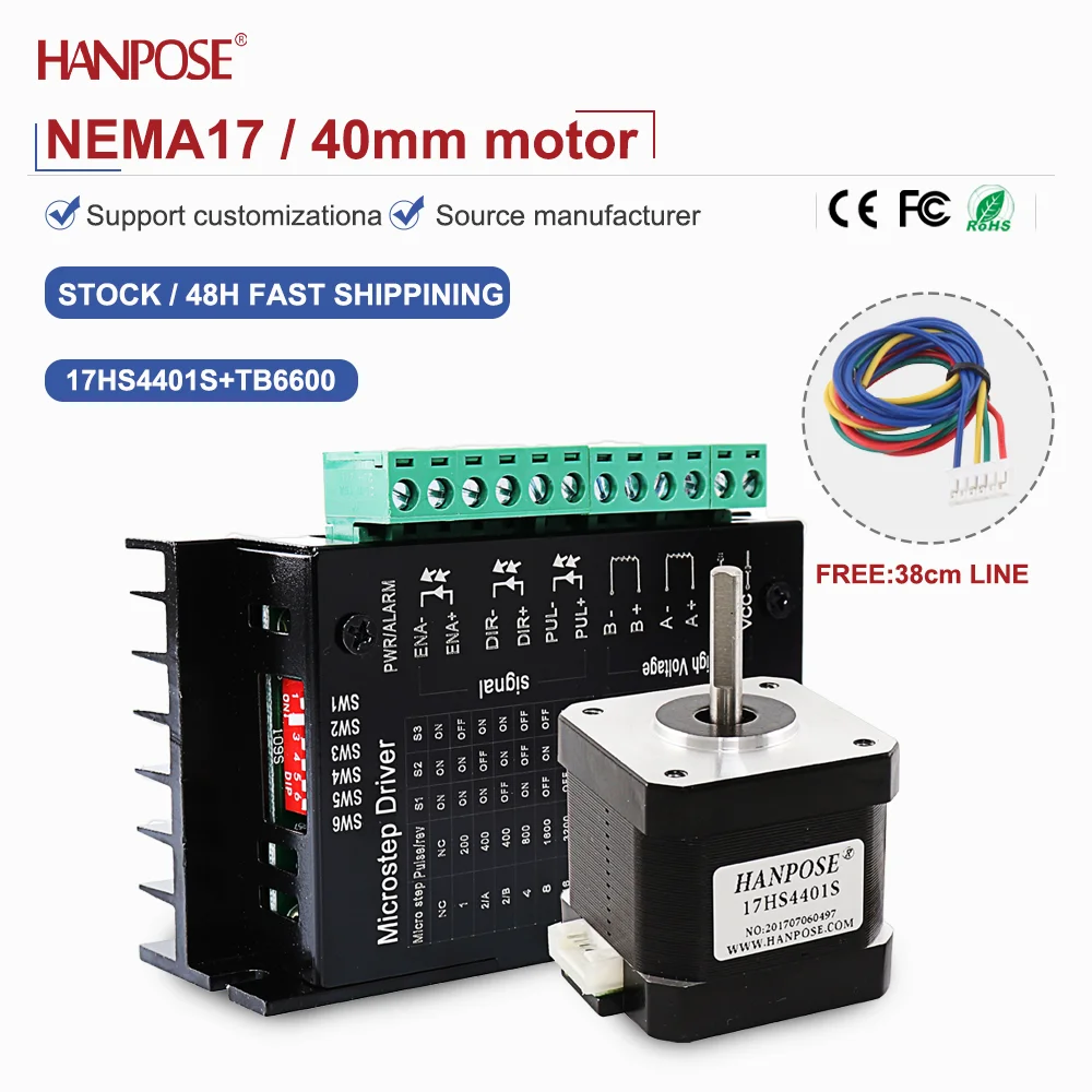NEMA17 17HS4401S+TB6600 KIT stepper motor 2.3V 1.5A two-phase four wire 3D printing accessories motor manufacturer direct sales
NEMA17 17HS4401S+TB6600 KIT stepper motor 2.3V 1.5A two-phase four wire 3D printing accessories motor manufacturer direct sales