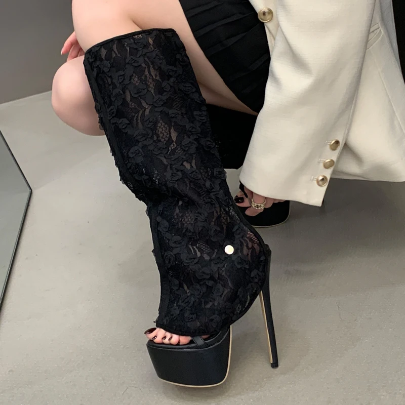 Women's Black Floral Lace Cutout Knee High Boots, Peep Toe Platform Super High Stiletto Gothic Party Footwear, Drop Shipping
Women's Black Floral Lace Cutout Knee High Boots, Peep Toe Platform Super High Stiletto Gothic Party Footwear, Drop Shipping