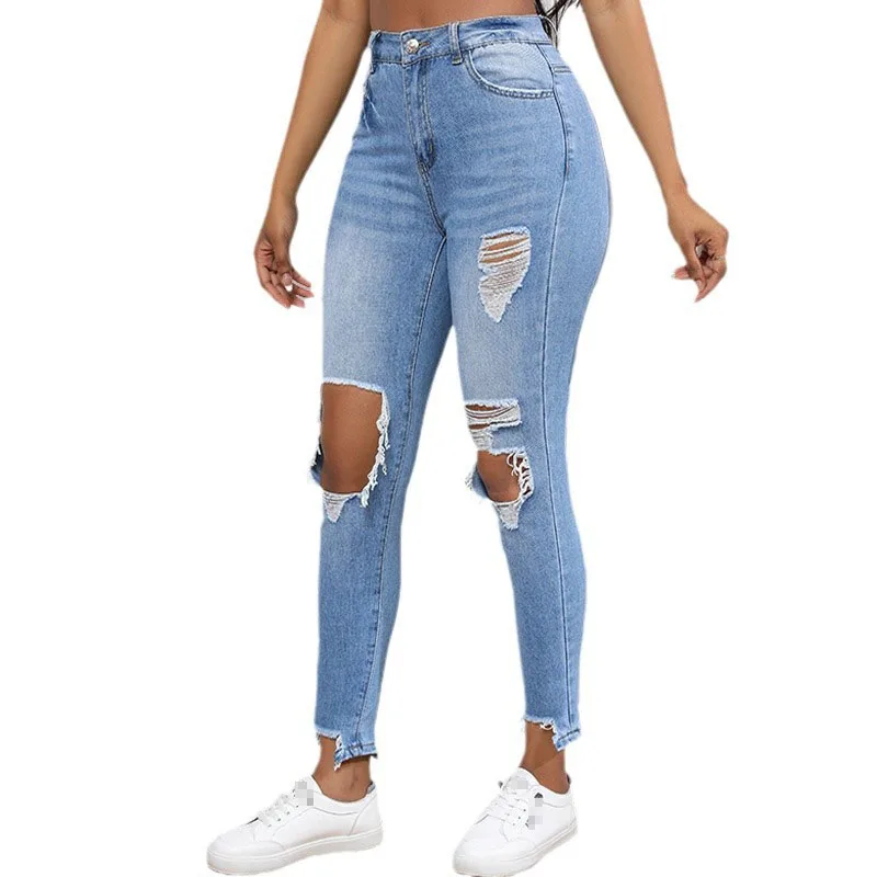 Jeans for Female Summer New Fashion Hole High Waist Blue Denim Straight Pants
Jeans for Female Summer New Fashion Hole High Waist Blue Denim Straight Pants
