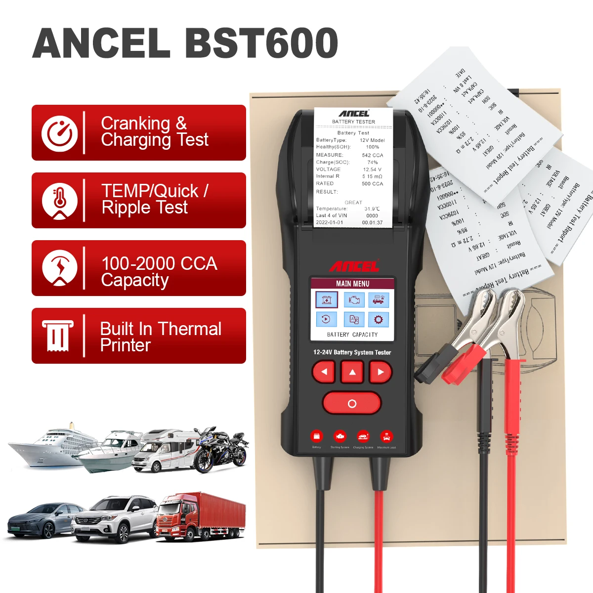 ANCEL BST600 12V/24V Car Battery Tester with Printer 100-2000CCA Digital Auto Battery Load Tester Cranking Charging System Test
ANCEL BST600 12V/24V Car Battery Tester with Printer 100-2000CCA Digital Auto Battery Load Tester Cranking Charging System Test