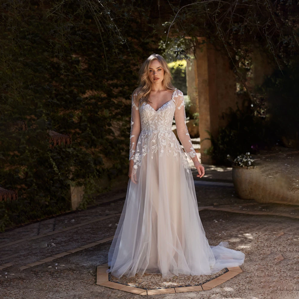 V-neck Appliques Tulle Illusion Wedding Dresses Long Sleeve Wedding Gowns A-line Court Bridal Gown for Women vestido de novia
V-neck Appliques Tulle Illusion Wedding Dresses Long Sleeve Wedding Gowns A-line Court Bridal Gown for Women vestido de novia