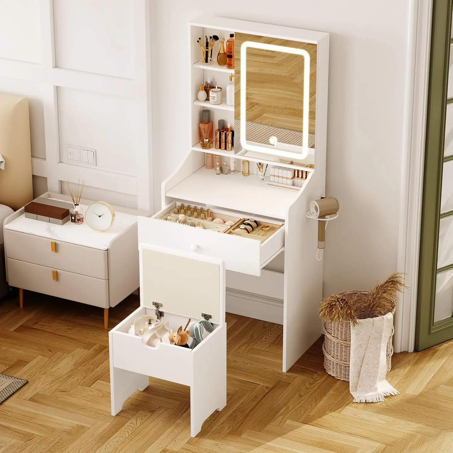Компактный туалетный столик 24,4 дюйма с зеркалом и подсветкой, 3 режима освещения, белый, с зарядной станцией
Компактный туалетный столик 24,4 дюйма с зеркалом и подсветкой, 3 режима освещения, белый, с зарядной станцией