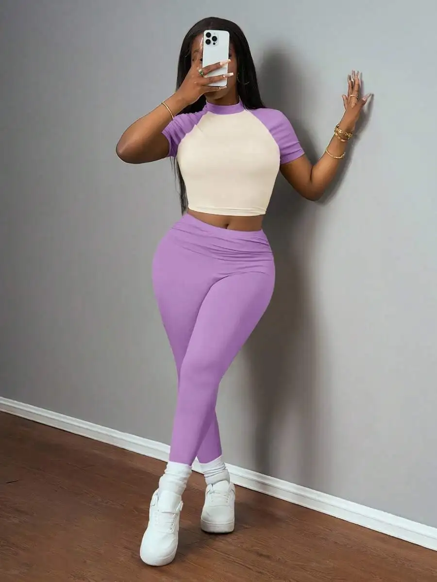 Cream And Lavender Ruched Crop Top With High-Waist Leggings Set For Streetwear, Festival, Casual, Lounge, Travel, Daily Use
Cream And Lavender Ruched Crop Top With High-Waist Leggings Set For Streetwear, Festival, Casual, Lounge, Travel, Daily Use