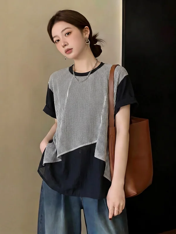 Elegant Striped Patchwork Short Sleeve T-Shirt Women's Summer New plus Size Irregular Shoulder Korean Style Commute Wind
Elegant Striped Patchwork Short Sleeve T-Shirt Women's Summer New plus Size Irregular Shoulder Korean Style Commute Wind
