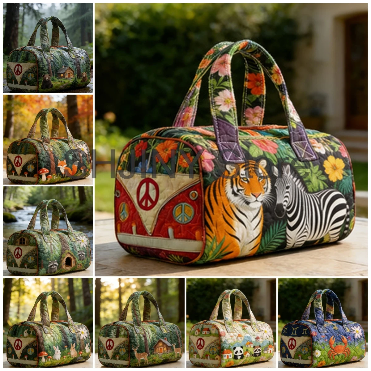 Retro Peace Animals Print Quilted Duffle Bag Unisex Casual Travel Tote Handbag Women Men Weekender Bag
Retro Peace Animals Print Quilted Duffle Bag Unisex Casual Travel Tote Handbag Women Men Weekender Bag