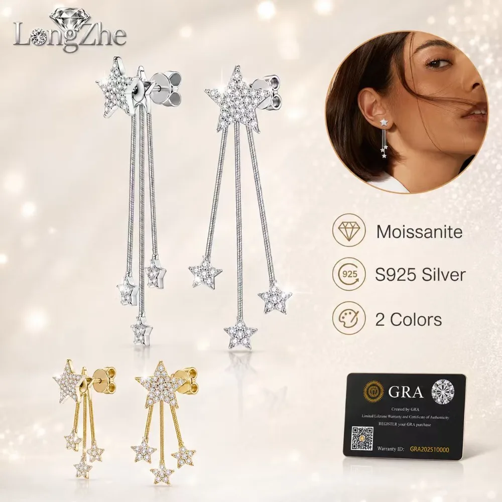 S925 Silver Moissanite Star Tassel Earrings Women 0.29CT+0.29CT Sparkling Long Chain Stud Earrings Gold White Jewelry Gift
S925 Silver Moissanite Star Tassel Earrings Women 0.29CT+0.29CT Sparkling Long Chain Stud Earrings Gold White Jewelry Gift