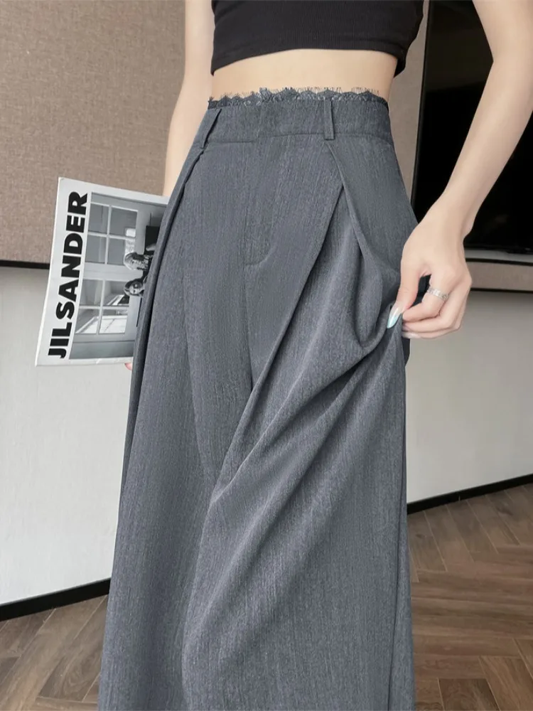 Deep Grey Lace Splicing Suit Wide Leg Pants Women's Summer Ice Silk Loose Straight High Waist Draping Floor-Length Trousers
Deep Grey Lace Splicing Suit Wide Leg Pants Women's Summer Ice Silk Loose Straight High Waist Draping Floor-Length Trousers