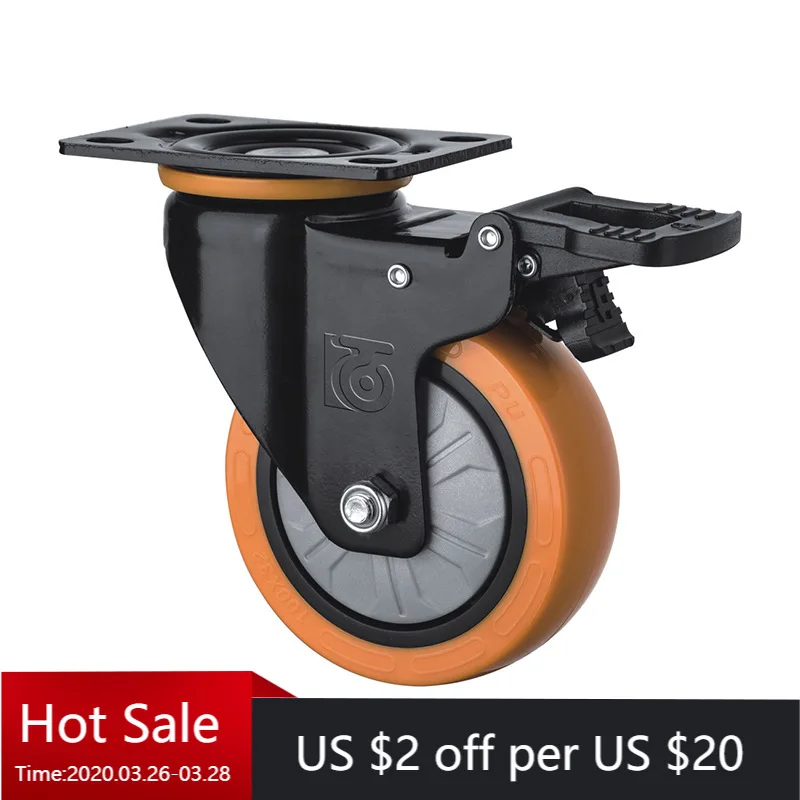 4-inch heavy-duty polyurethane brake casters with a load-bearing capacity of 1000 pounds, orange factory handcart
4-inch heavy-duty polyurethane brake casters with a load-bearing capacity of 1000 pounds, orange factory handcart