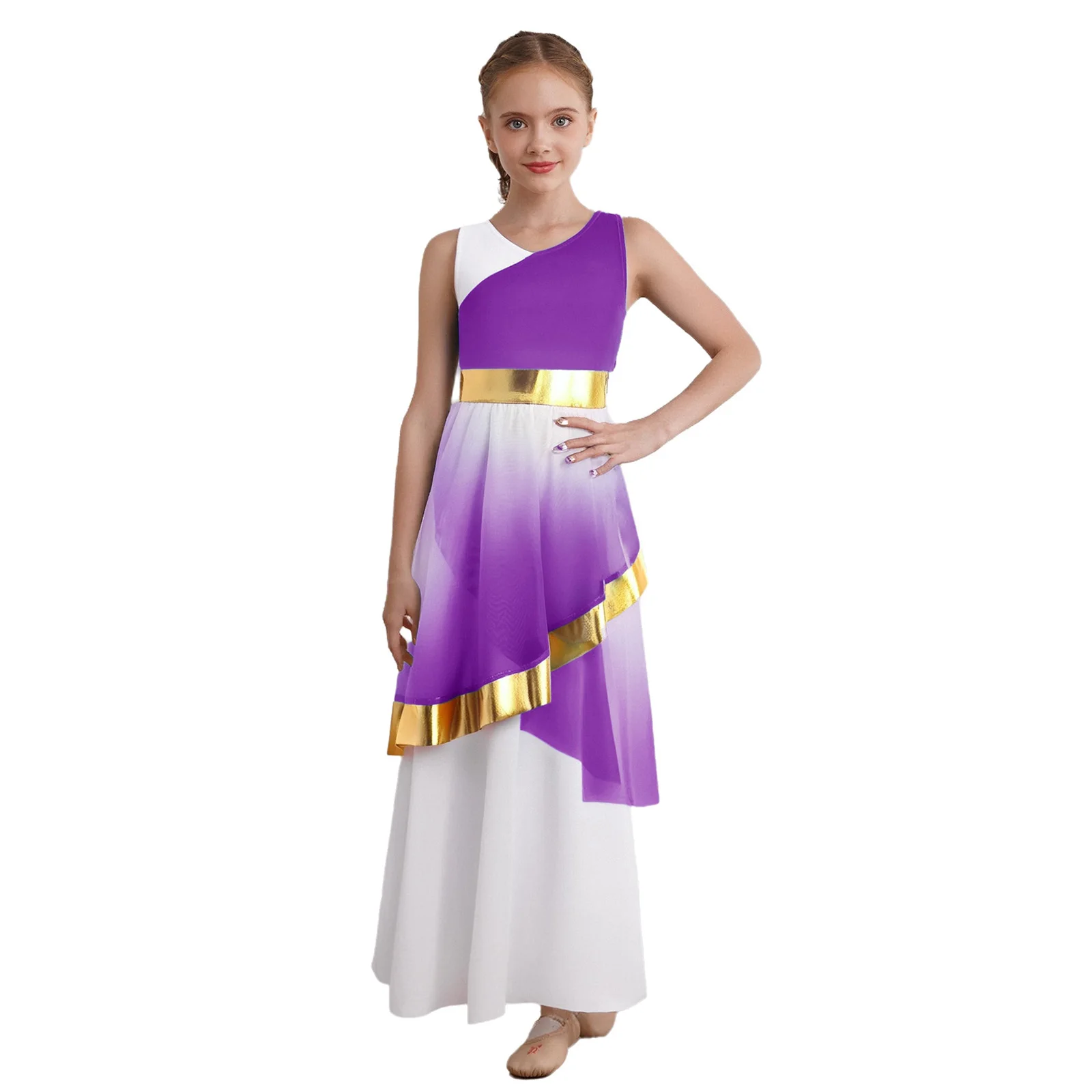 Kids Girls Liturgical Praise Lyrical Dance Dress Gradient Color V- Neck Sleeveless Metallic Waist Asymmetrical Mesh Layer Dress
Kids Girls Liturgical Praise Lyrical Dance Dress Gradient Color V- Neck Sleeveless Metallic Waist Asymmetrical Mesh Layer Dress