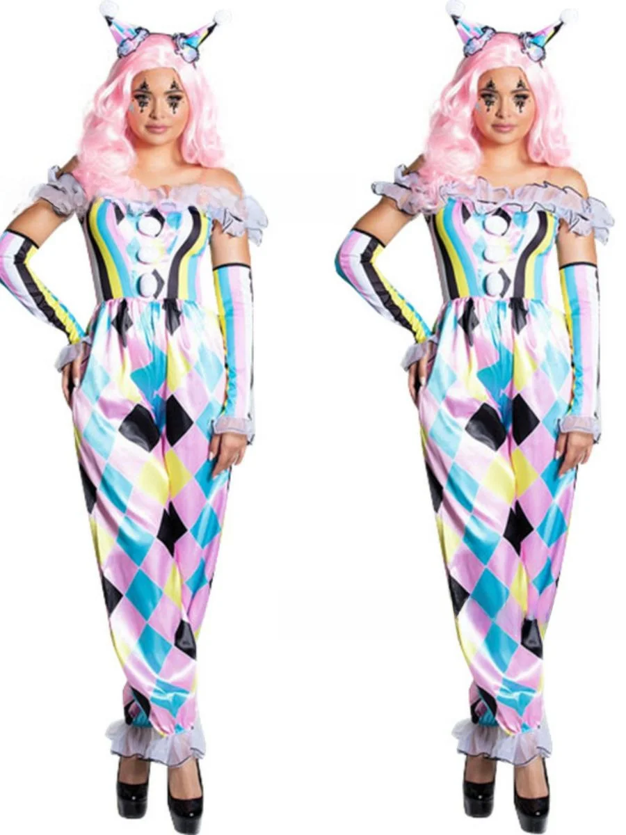 Новый сценический костюм на Хэллоуин, женский комбинезон Парижского клоуна, комплект из ледяного шелка с принтом, игровой orm, полиэстер, материал
Новый сценический костюм на Хэллоуин, женский комбинезон Парижского клоуна, комплект из ледяного шелка с принтом, игровой orm, полиэстер, материал