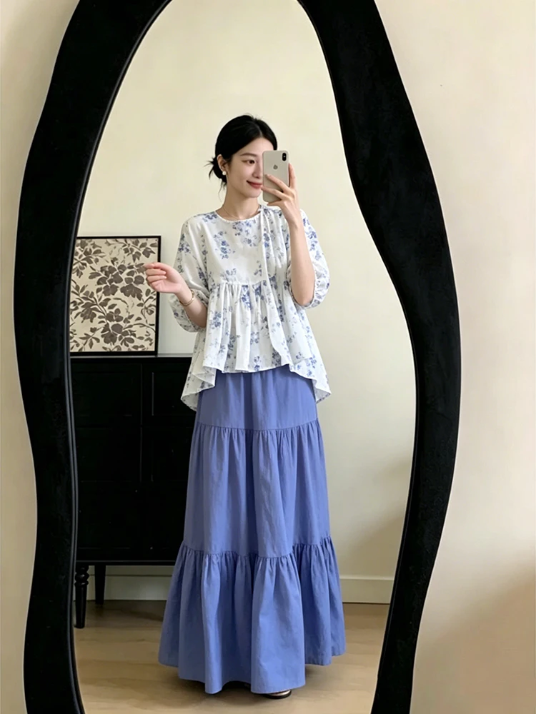 Stunning Blue Floral Print High Waist Women's Summer Shirt with Sash And Cake Skirt Set Casual Gentle Style Bubble Sleeve
Stunning Blue Floral Print High Waist Women's Summer Shirt with Sash And Cake Skirt Set Casual Gentle Style Bubble Sleeve