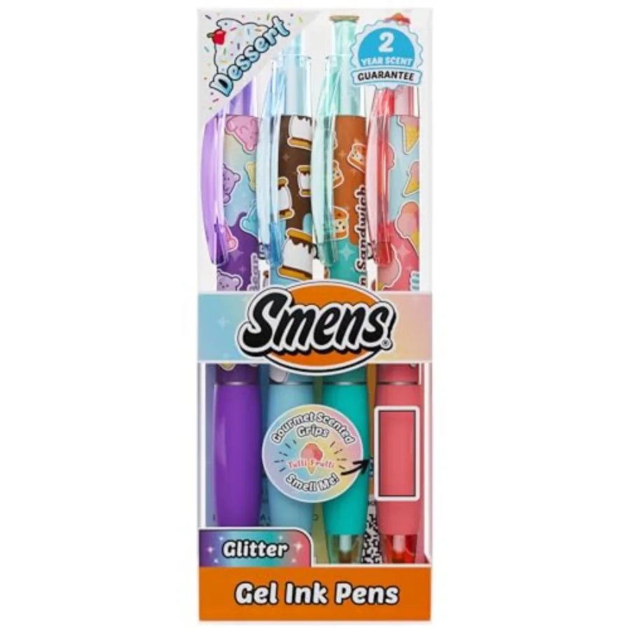 Dessert Smens 4 Pack Colored Glitter Gel Ink Pens with Gourmet Scented Grips Tutti Frutti, Ice Cream Sandwich, S'mores, Gummy B
Dessert Smens 4 Pack Colored Glitter Gel Ink Pens with Gourmet Scented Grips Tutti Frutti, Ice Cream Sandwich, S'mores, Gummy B