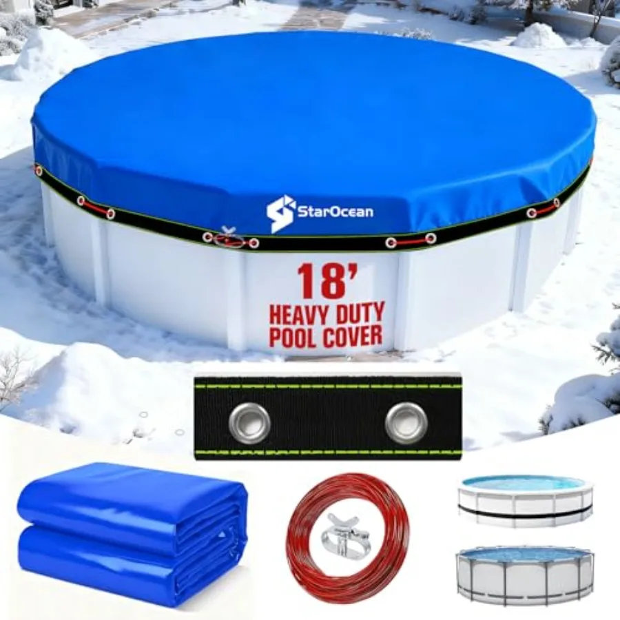 18 ft Round Above Ground Pool Cover for Winter Use, 500D Thick UV Cold Resistant Polyethylene, Black, Heavy-Duty with Cable Sys
18 ft Round Above Ground Pool Cover for Winter Use, 500D Thick UV Cold Resistant Polyethylene, Black, Heavy-Duty with Cable Sys