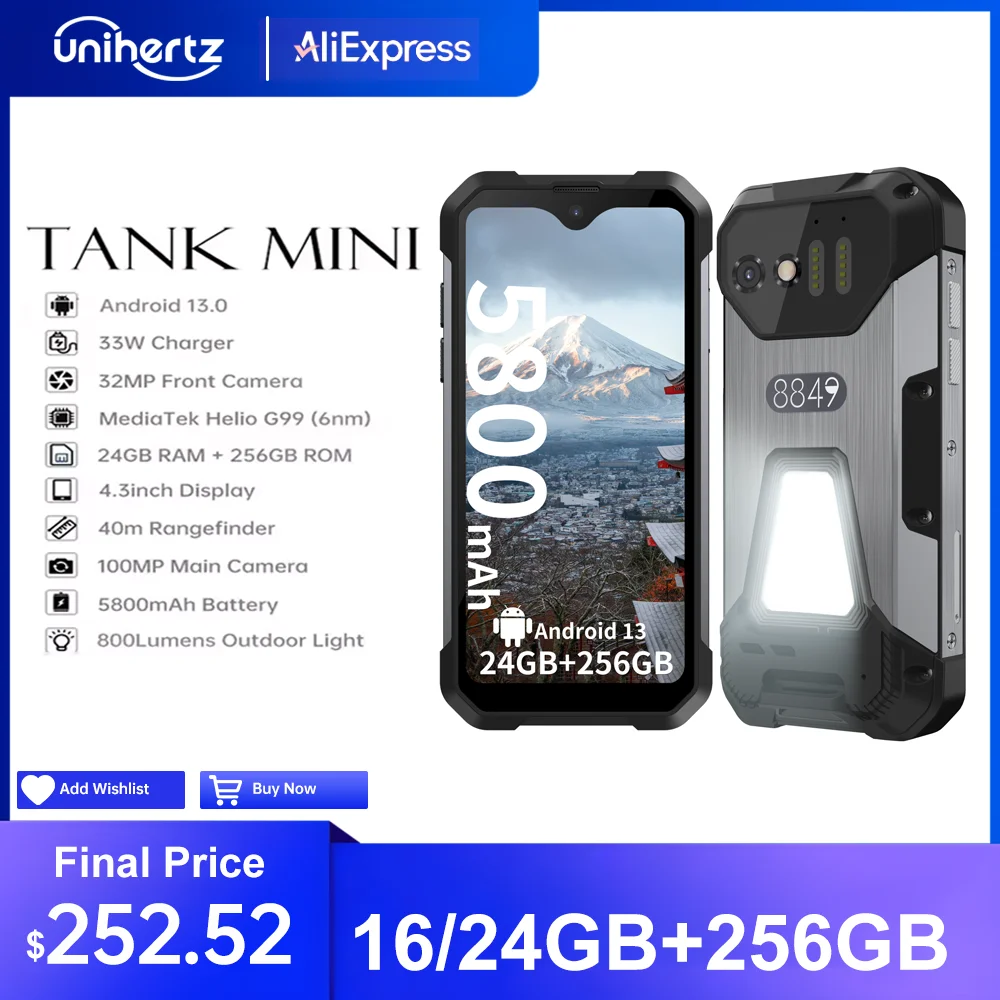 Unihertz 8849 Tank Mini Прочный смартфон с дисплеем 4,3 дюйма, 16 ГБ + 256 ГБ, Android 13, 5800 мАч, аккумулятор, камера 100 МП, IP68, 4G, телефон
Unihertz 8849 Tank Mini Прочный смартфон с дисплеем 4,3 дюйма, 16 ГБ + 256 ГБ, Android 13, 5800 мАч, аккумулятор, камера 100 МП, IP68, 4G, телефон