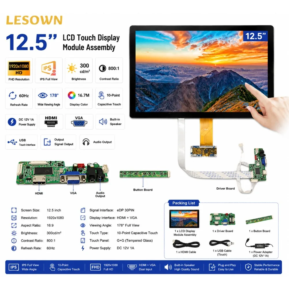 LESOWN 12.5 inch Visual Panel 1920x1080 FHD IPS Module with Capacitive Touch Zero Setup for DIY
LESOWN 12.5 inch Visual Panel 1920x1080 FHD IPS Module with Capacitive Touch Zero Setup for DIY