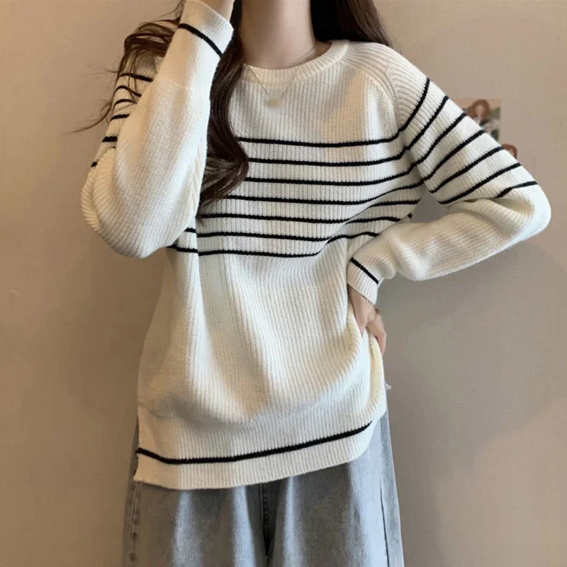 Осенне-зимний свободный корейский свитер, женский топ с круглым вырезом в полоску, топы
Осенне-зимний свободный корейский свитер, женский топ с круглым вырезом в полоску, топы