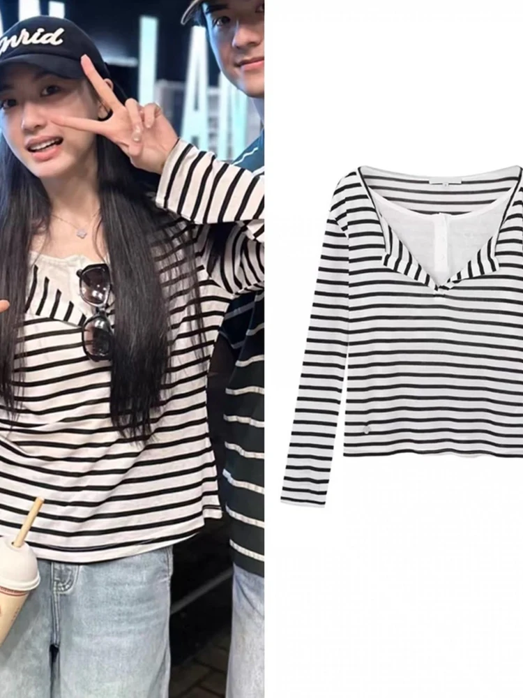 Slim Fit Long Sleeve Black White Stripes Base Shirt Women's T-shirt Korean Style Casual Chic Top Knitted V-neck Breathable
Slim Fit Long Sleeve Black White Stripes Base Shirt Women's T-shirt Korean Style Casual Chic Top Knitted V-neck Breathable