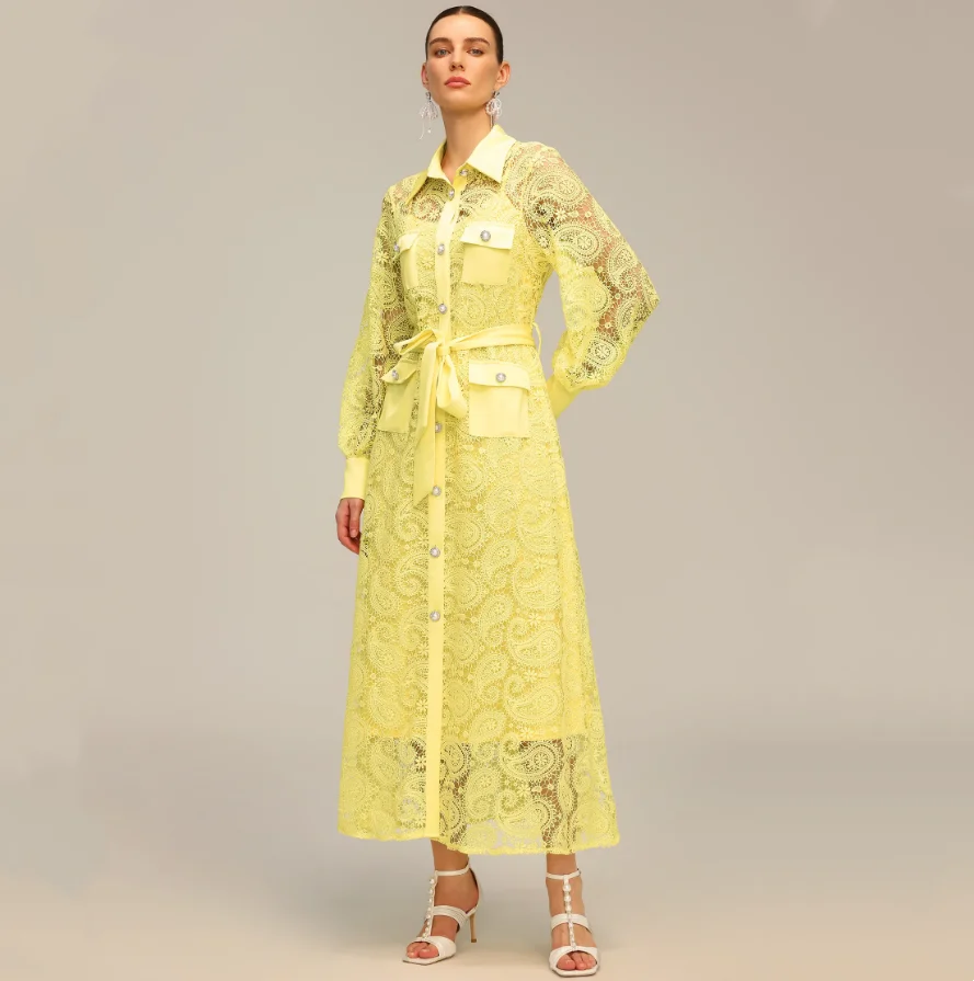 Retro Long Sleeve Lace Embroidery Dress with Belt Single Button Hollow out Shirt Style mid High Waist a Line Skirt for Women
Retro Long Sleeve Lace Embroidery Dress with Belt Single Button Hollow out Shirt Style mid High Waist a Line Skirt for Women