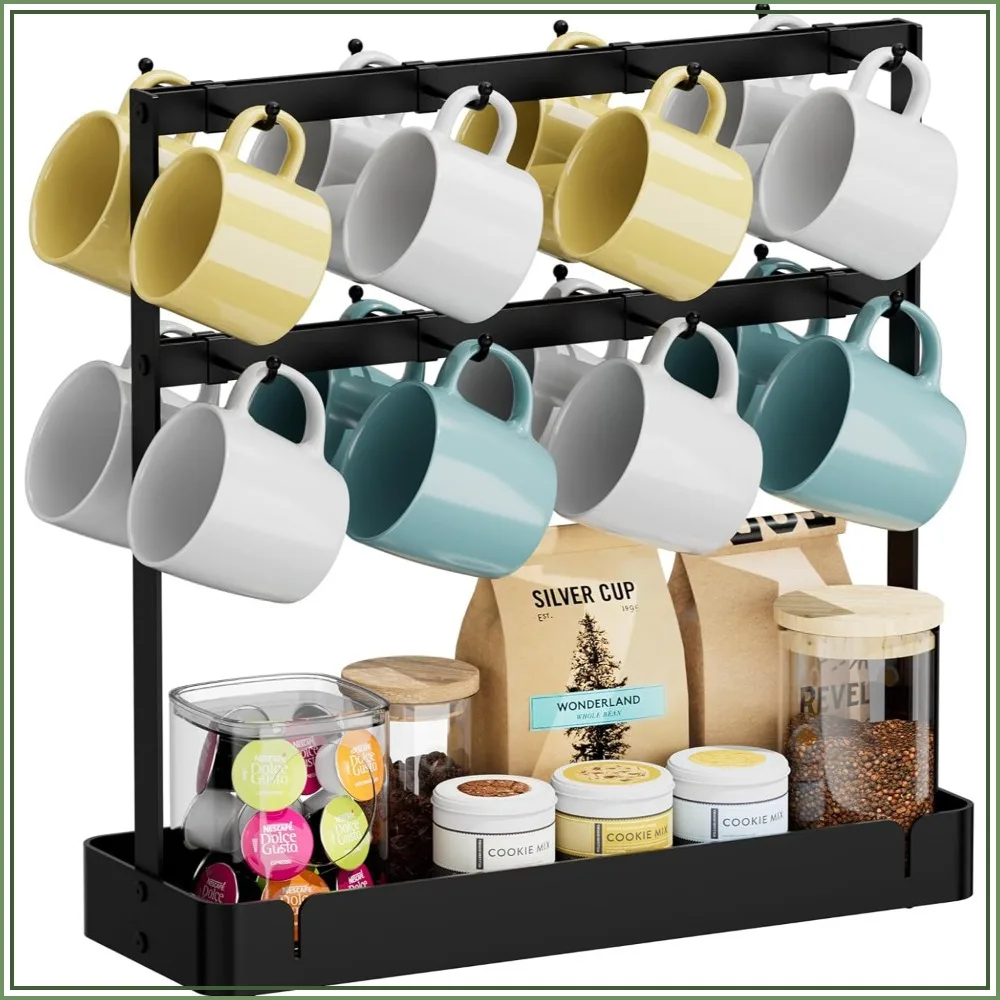 Coffee Mug Holder with 16 Hooks, 2-Tier Metal Cup Rack for Countertop, Kitchen Storage
Coffee Mug Holder with 16 Hooks, 2-Tier Metal Cup Rack for Countertop, Kitchen Storage