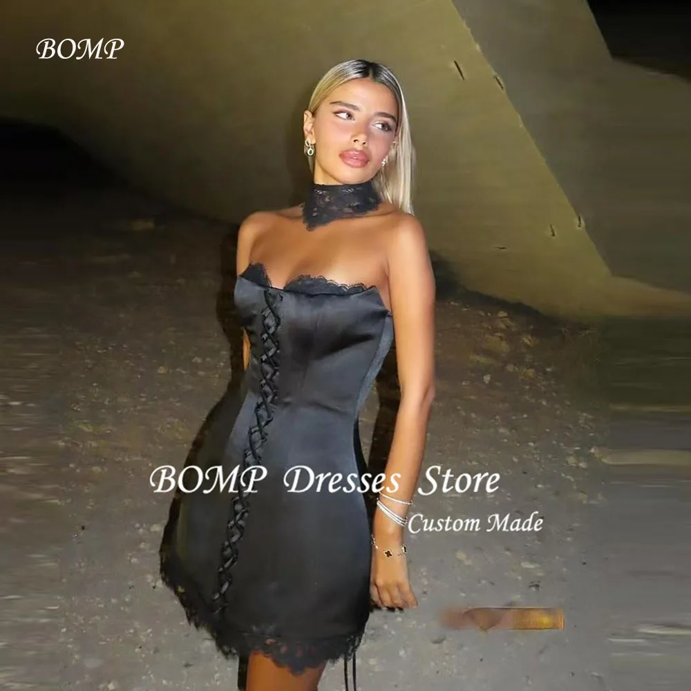 BOMP Mini Short Black Party Dresses Sweetheart Satin Cocktail Dress With Necklace Corset Lace up Back Evening Gowns Customized
BOMP Mini Short Black Party Dresses Sweetheart Satin Cocktail Dress With Necklace Corset Lace up Back Evening Gowns Customized