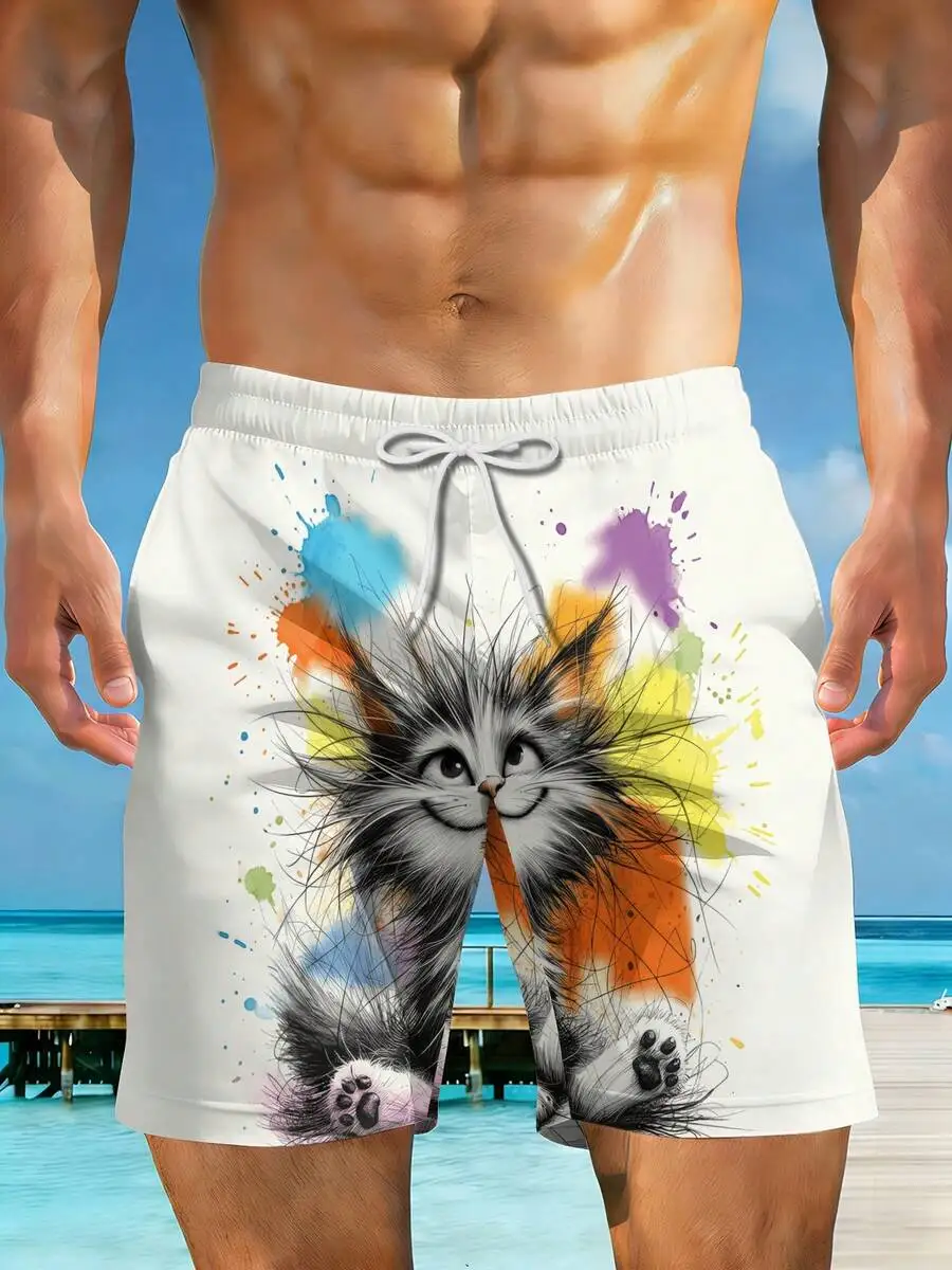 Mens Beach Shorts With 3D Cat Print And Color Splash Design Comfortable Casual Swimwear
Mens Beach Shorts With 3D Cat Print And Color Splash Design Comfortable Casual Swimwear
