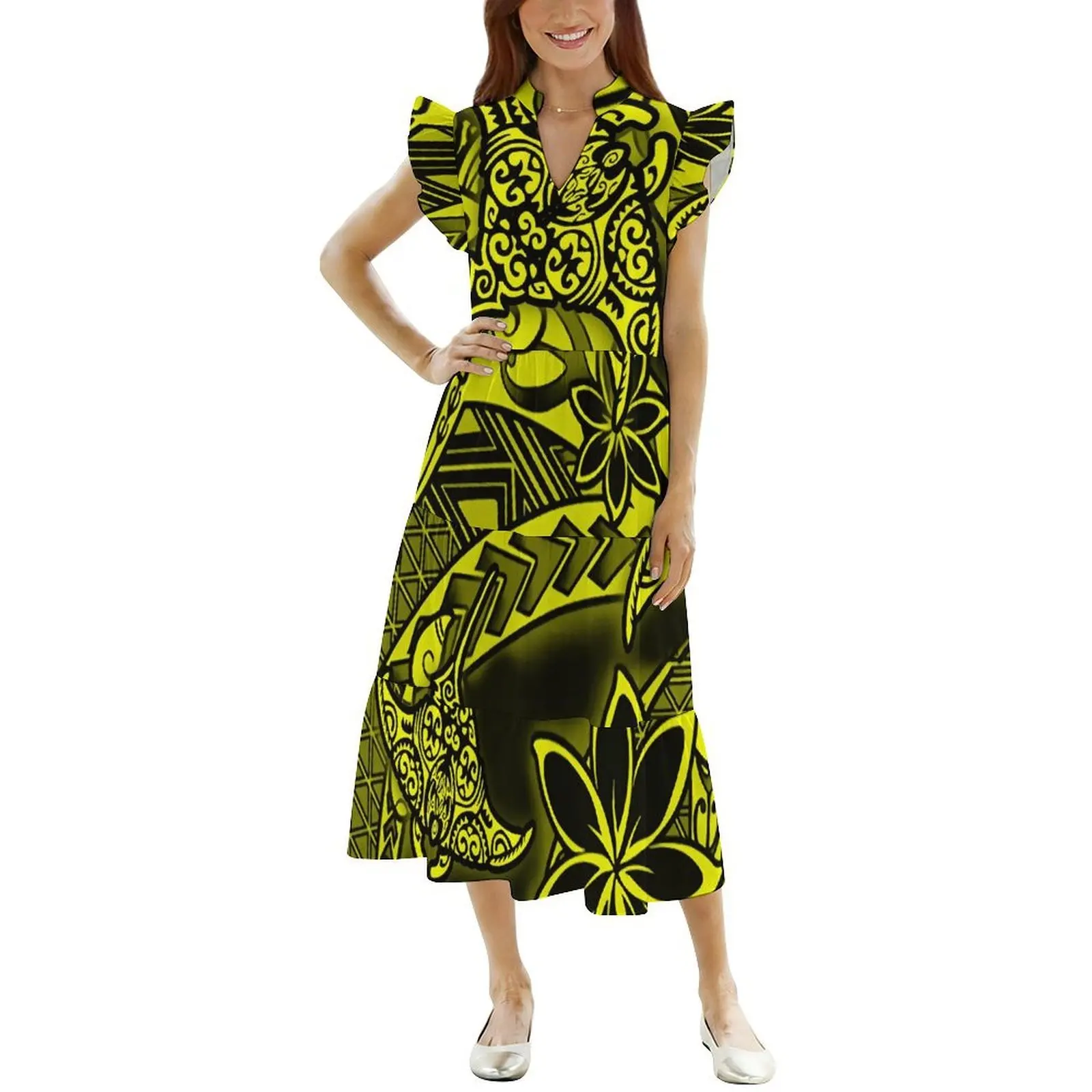 Comfortable And Soft Fabric Polynesian Women'S Custom Patterned Design V-Neck Ruffled Layered Dress High-Quality Evening Gown
Comfortable And Soft Fabric Polynesian Women'S Custom Patterned Design V-Neck Ruffled Layered Dress High-Quality Evening Gown