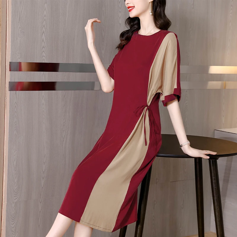 2023 Summer Silk Solid Short Sleeves O-Neck Dress Loose Large Waist Slim A-line Dress Knee Length Long Dress Women's Robe
2023 Summer Silk Solid Short Sleeves O-Neck Dress Loose Large Waist Slim A-line Dress Knee Length Long Dress Women's Robe