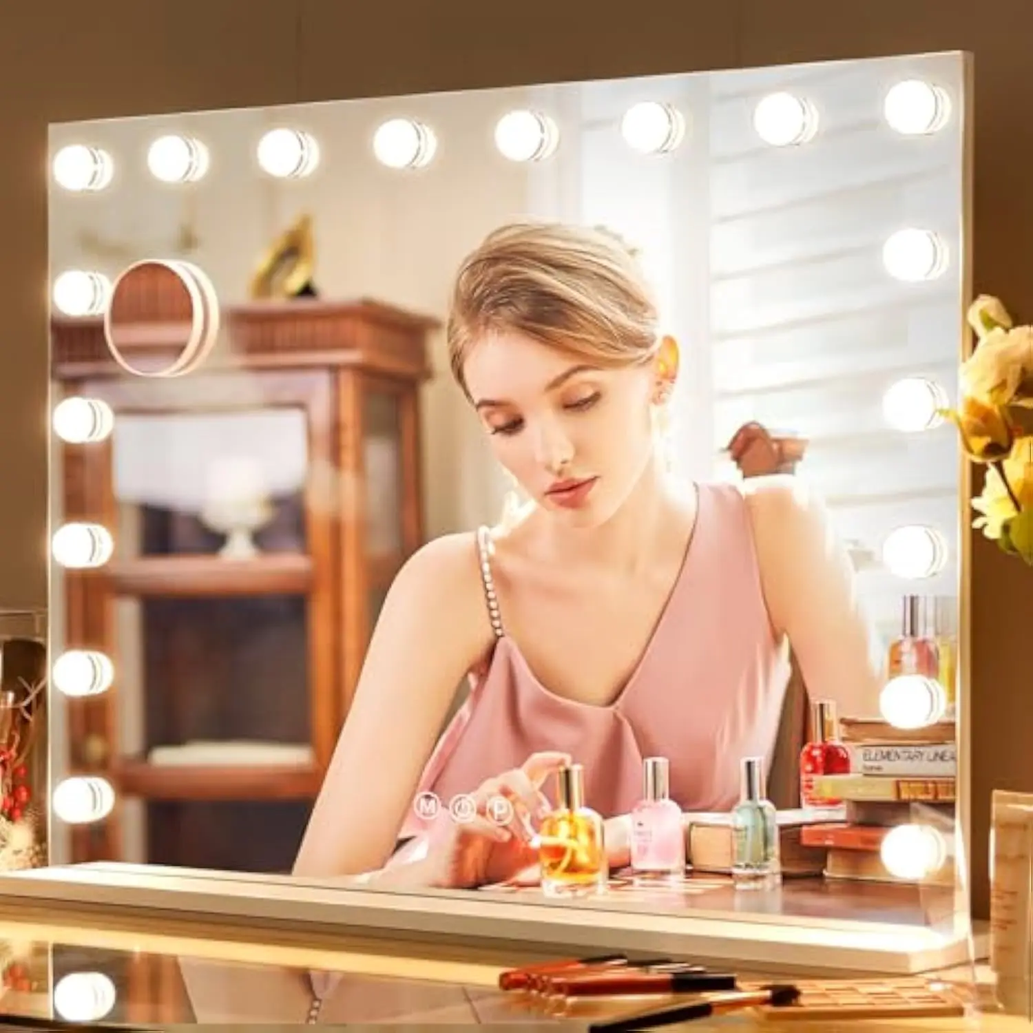Large Vanity Makeup Mirror with Lights 32X23 Lighted Hollywood Mirror with 18 Dimmable Bulbs, 3 Color Light Settings, USB Port
Large Vanity Makeup Mirror with Lights 32X23 Lighted Hollywood Mirror with 18 Dimmable Bulbs, 3 Color Light Settings, USB Port
