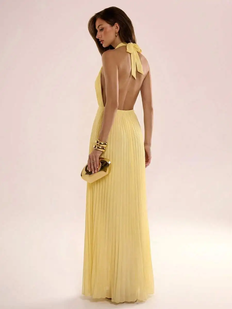 Yellow Pleated Backless Halter Neck Chiffon Maxi Dress For Women
Yellow Pleated Backless Halter Neck Chiffon Maxi Dress For Women