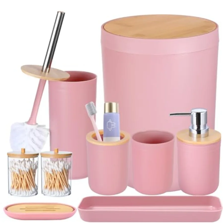 9Pcs Pink Bathroom Accessories Set - with Trash Can, Toilet Brush, Toothbrush Holder, Lotion Soap Dispenser, Soap Dish, Toothbr
9Pcs Pink Bathroom Accessories Set - with Trash Can, Toilet Brush, Toothbrush Holder, Lotion Soap Dispenser, Soap Dish, Toothbr