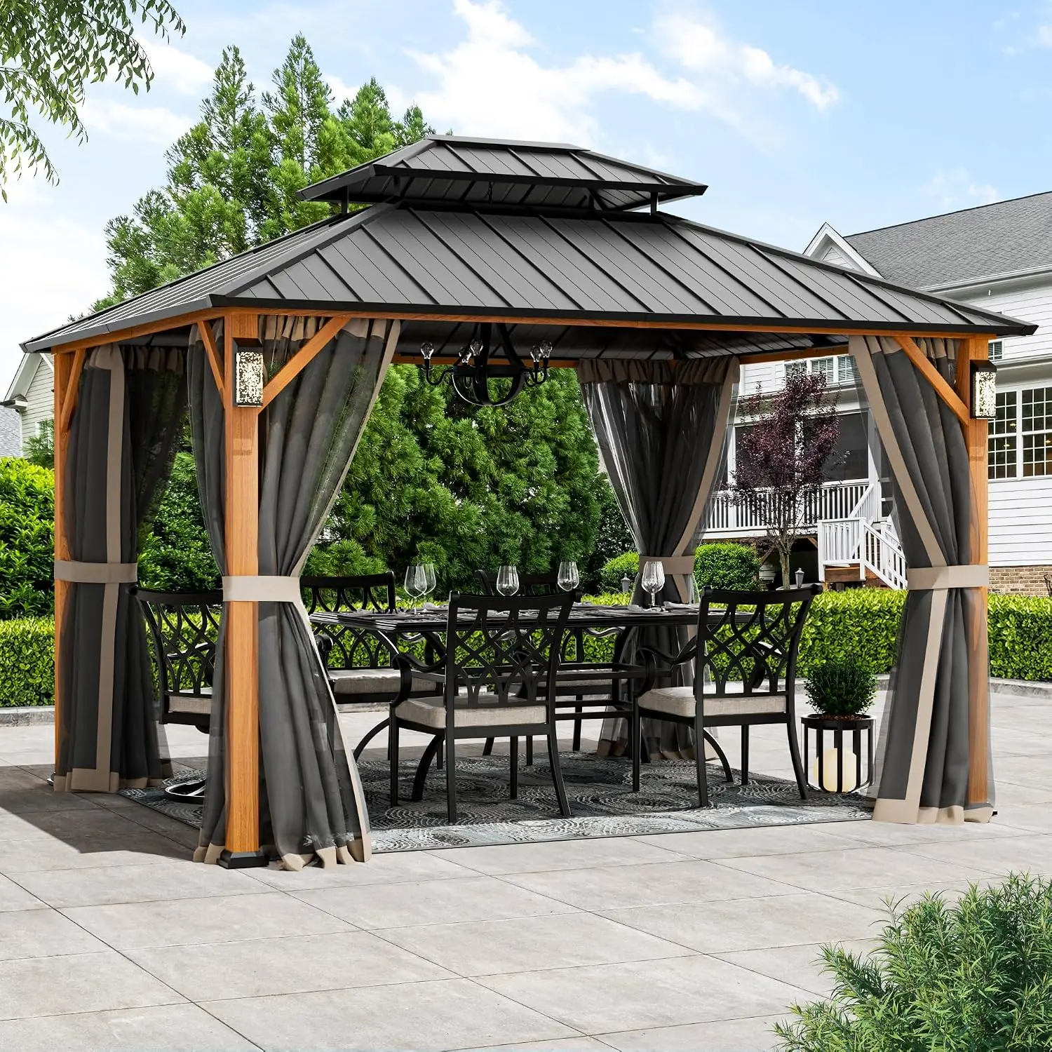 10'x12' Hardtop Gazebo Metal with Solar LED Lights, Steel Roof, Mosquito Netting, Wood-Look for Patio & Backyard, Customized
10'x12' Hardtop Gazebo Metal with Solar LED Lights, Steel Roof, Mosquito Netting, Wood-Look for Patio & Backyard, Customized