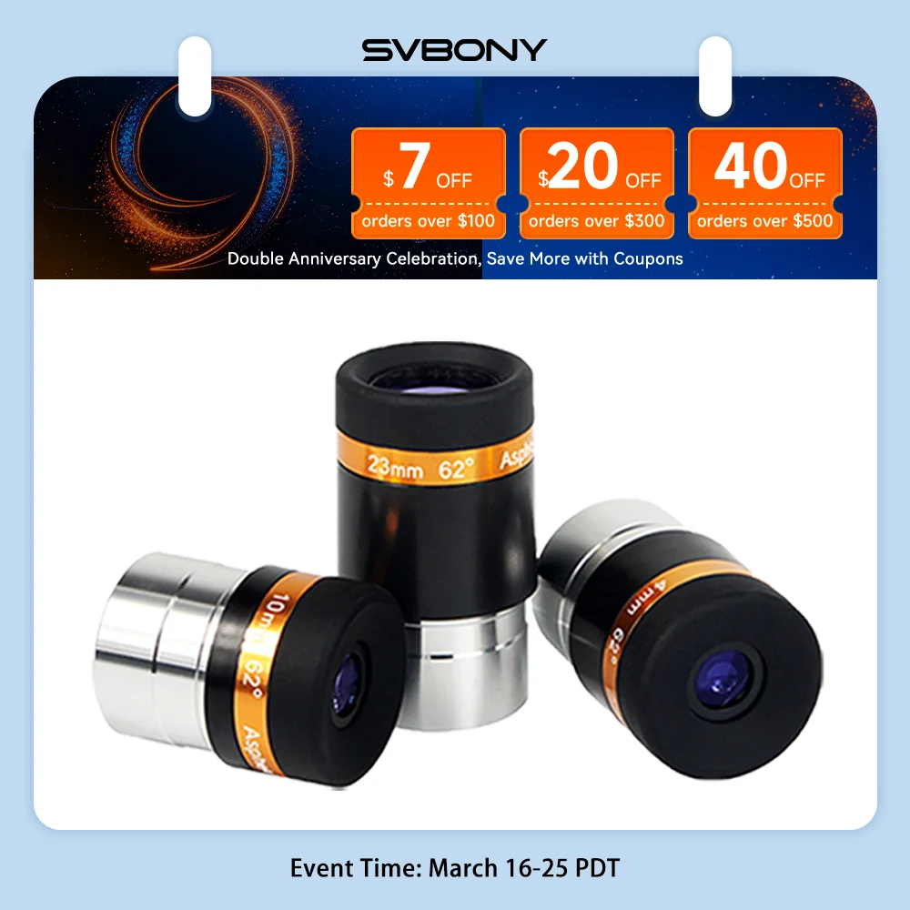 Svbony Eyepieces 4/10/23mm Telescope Lens Wide Angle 62 Deg Aspheric Eyepiece HD Fully Coated Telescope Accessory for 1.25 inch
Svbony Eyepieces 4/10/23mm Telescope Lens Wide Angle 62 Deg Aspheric Eyepiece HD Fully Coated Telescope Accessory for 1.25 inch