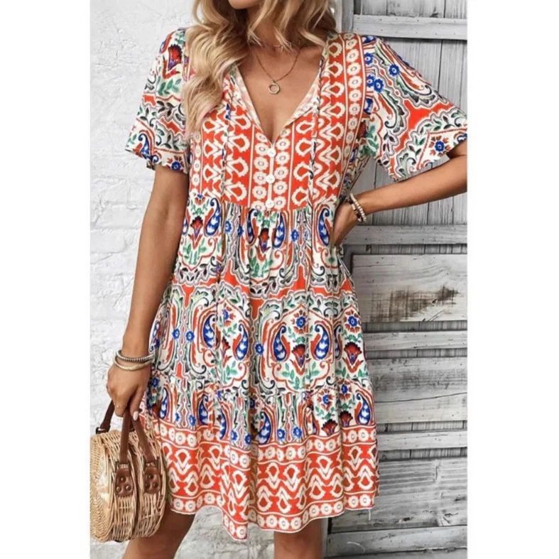 2026 Summer New Style European and American Printed V-neck Dress for Women Independent Stand Loose Flesh-covering Short Skirt Fo
2026 Summer New Style European and American Printed V-neck Dress for Women Independent Stand Loose Flesh-covering Short Skirt Fo