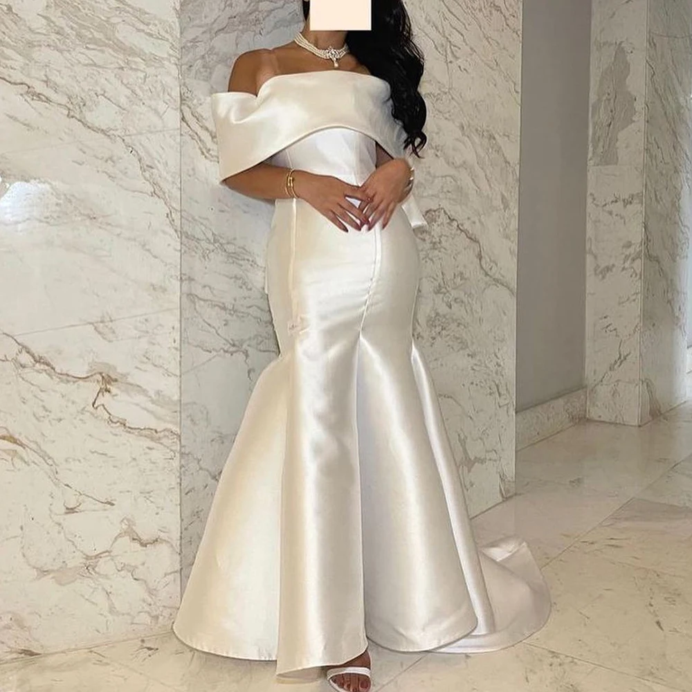 Elegant Mermaid Off the Shoulder Evening Dress Formal Sweep Train Satin Floor Length Pleats Sleeveless Solid Color Prom Gowns
Elegant Mermaid Off the Shoulder Evening Dress Formal Sweep Train Satin Floor Length Pleats Sleeveless Solid Color Prom Gowns