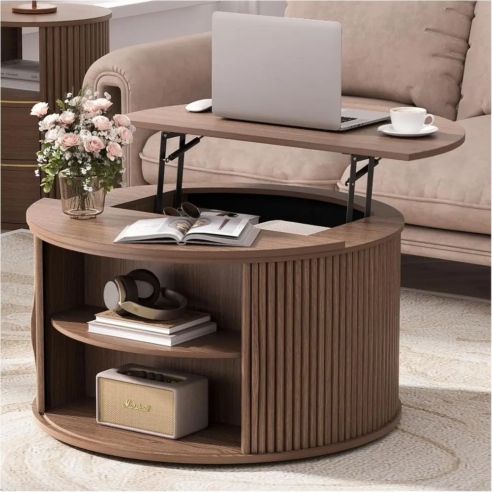 Round Walnut Coffee Table with Hidden Storage, Drum Design for Small Living Rooms
Round Walnut Coffee Table with Hidden Storage, Drum Design for Small Living Rooms