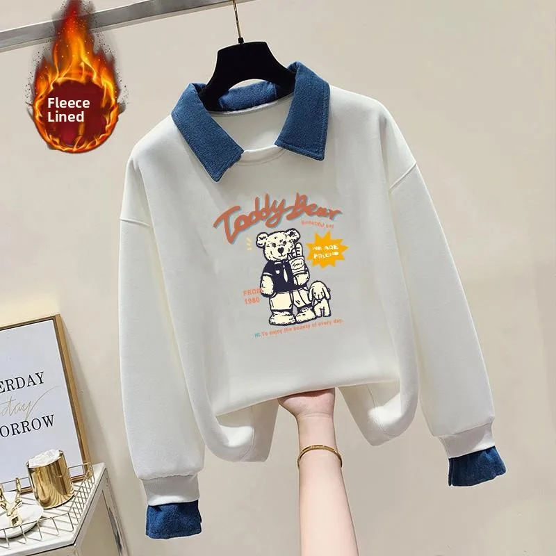 Fashionable Thickened Fleece Hoodie Women's Denim Collar Sweatshirt Autumn Winter New Style College Wind Stylish Outerwear Top
Fashionable Thickened Fleece Hoodie Women's Denim Collar Sweatshirt Autumn Winter New Style College Wind Stylish Outerwear Top