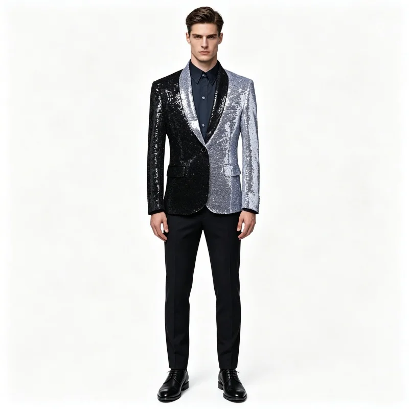 Men's Slim Customized Fit Performance Suit Jacket with Sequins Black/Silver Glitter Shawl Collar Tuxedo Blazer Party Host Singer
Men's Slim Customized Fit Performance Suit Jacket with Sequins Black/Silver Glitter Shawl Collar Tuxedo Blazer Party Host Singer