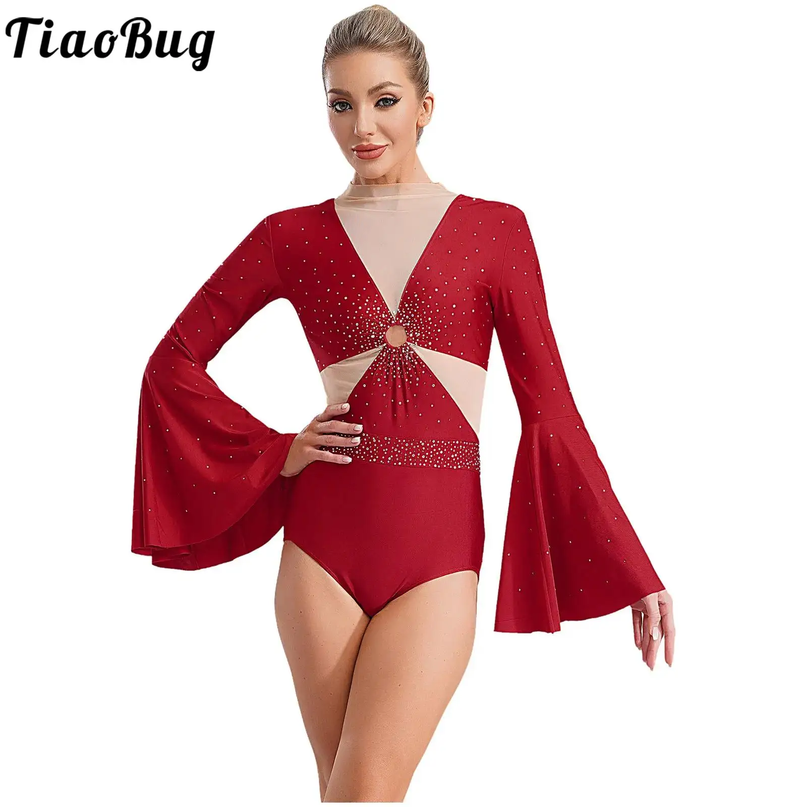 Women Shiny Rhinestones Dance Leotards Latin Flared Sleeve Sheer Mesh Patchwork Bodysuits for Ballet Gymnastics Figure Skating
Women Shiny Rhinestones Dance Leotards Latin Flared Sleeve Sheer Mesh Patchwork Bodysuits for Ballet Gymnastics Figure Skating