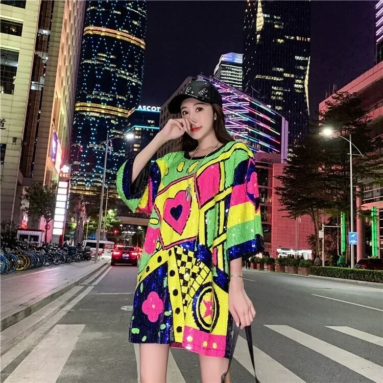 Women Loose Streetwear Funny Hip Hop T Shirt Short Sleeve Shinny Sequined T-shirt Female Split Joint #0218 Summer Long T Shirt
Women Loose Streetwear Funny Hip Hop T Shirt Short Sleeve Shinny Sequined T-shirt Female Split Joint #0218 Summer Long T Shirt