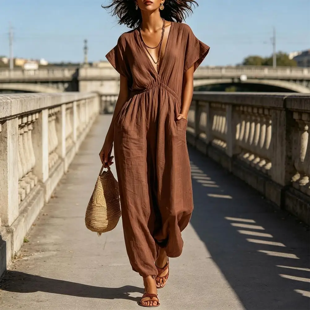 Loose Fit Jumpsuit Women’s V Neck Jumpsuit Short Sleeve Romper with Pockets Loose Wide Leg Summer One-piece for Vacation
Loose Fit Jumpsuit Women’s V Neck Jumpsuit Short Sleeve Romper with Pockets Loose Wide Leg Summer One-piece for Vacation