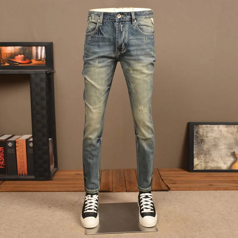 Italian Style Fashion Vintage Men Jeans High Quality Retro Washed Blue Stretch Slim Fit Ripped Jeans Men Designer Denim Pants
Italian Style Fashion Vintage Men Jeans High Quality Retro Washed Blue Stretch Slim Fit Ripped Jeans Men Designer Denim Pants