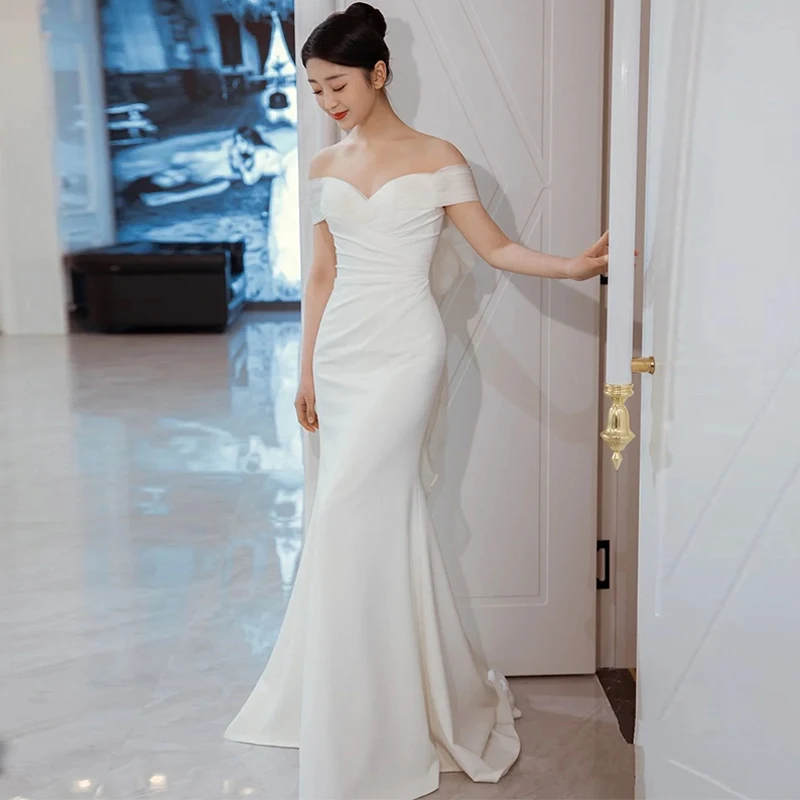 Elegant White Satin Fish Tail Wedding Dress One Shoulder out Door Long Sexy Back Slimming Fit Evening Gown for Young Women
Elegant White Satin Fish Tail Wedding Dress One Shoulder out Door Long Sexy Back Slimming Fit Evening Gown for Young Women